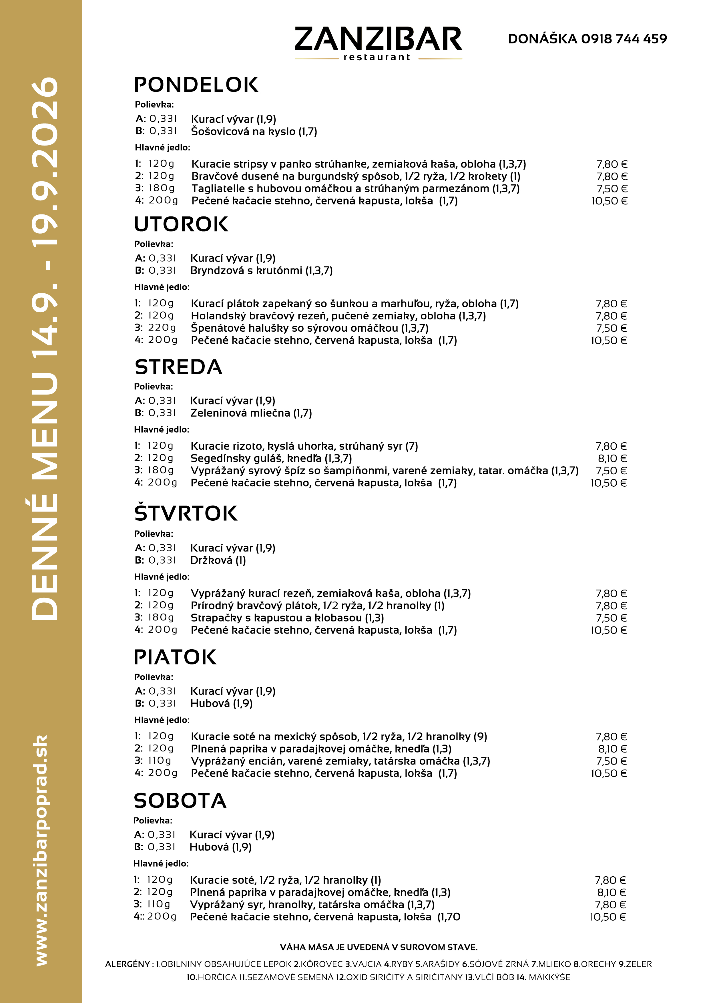Aktuálne týždenné denné menu ZanziBar Poprad
